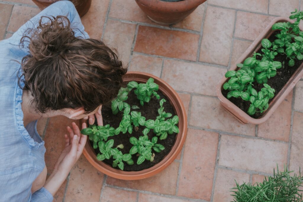  a woman checking up on her plants, which is one of the most important tips for a greener landscape 